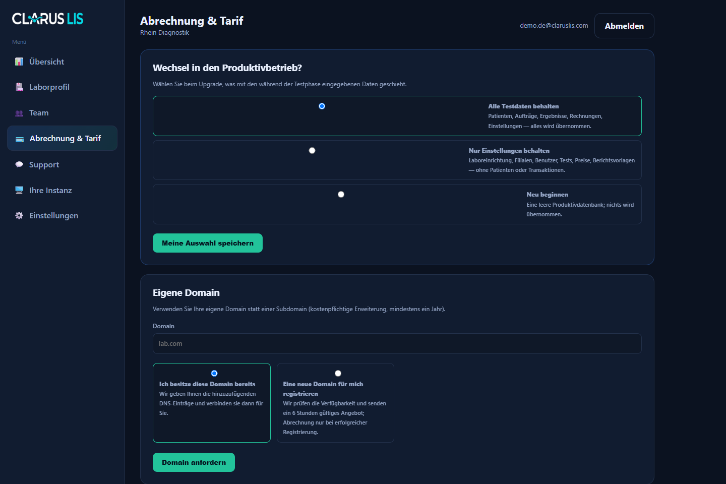 Screenshot des Clarus LIS Dashboards von Rhein Diagnostik mit lokalisierten Labordaten - Abrechnung und Abos