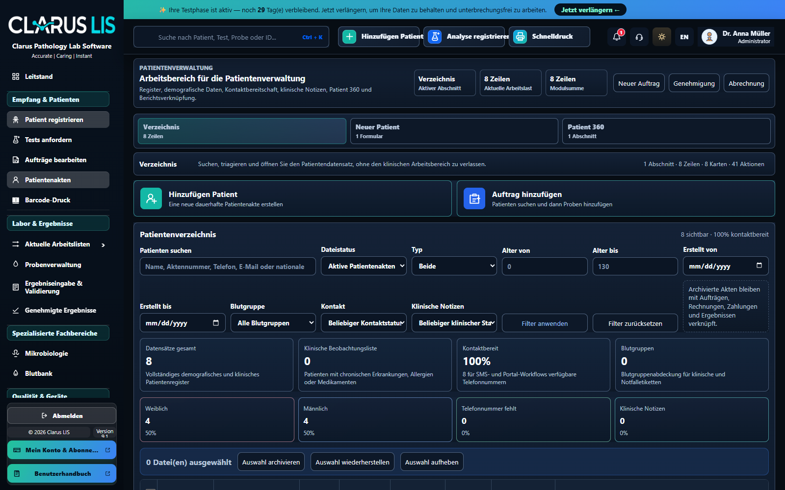 Screenshot des Clarus LIS Dashboards von Rhein Diagnostik mit lokalisierten Labordaten