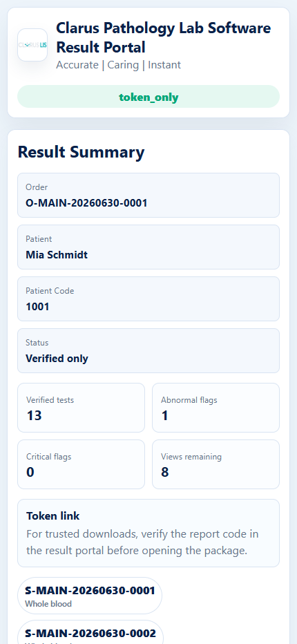 Mobiler Screenshot des Patienten-Ergebnisportals von Rhein Diagnostik