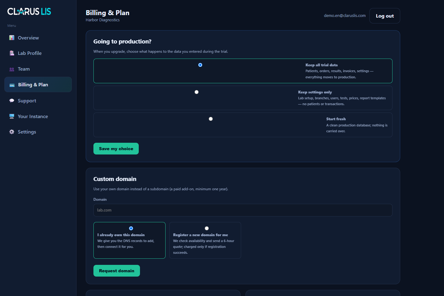 Harbor Diagnostics Clarus LIS dashboard screenshot with localized medical laboratory data - Billing and subscriptions
