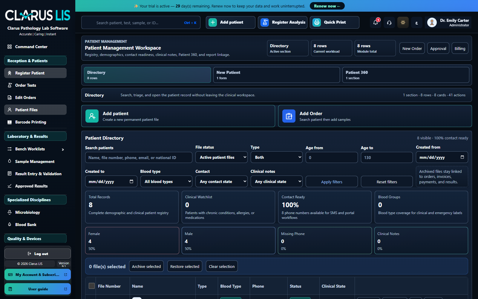 Harbor Diagnostics Clarus LIS dashboard screenshot with localized medical laboratory data