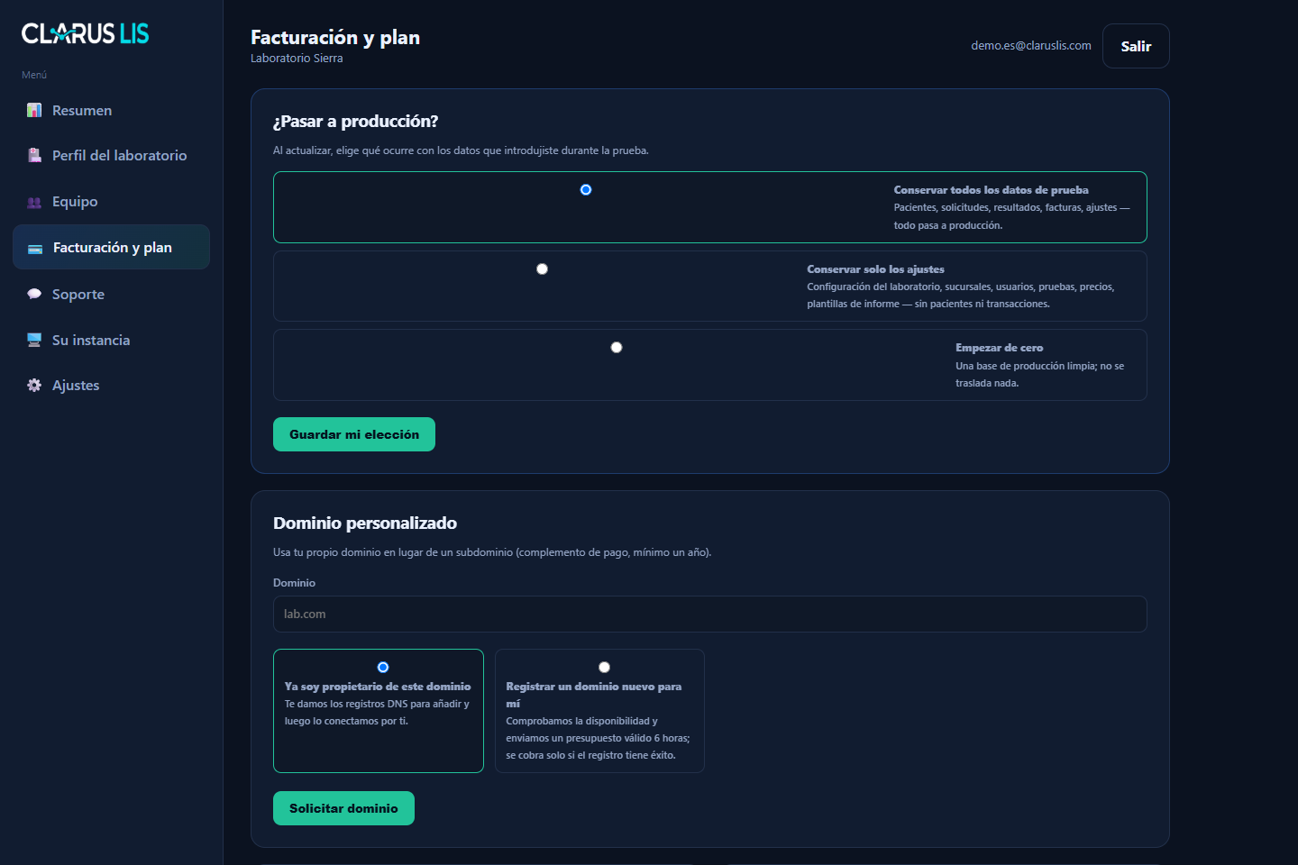 Captura del panel Clarus LIS de Laboratorio Sierra con datos de laboratorio localizados - Facturación y suscripciones
