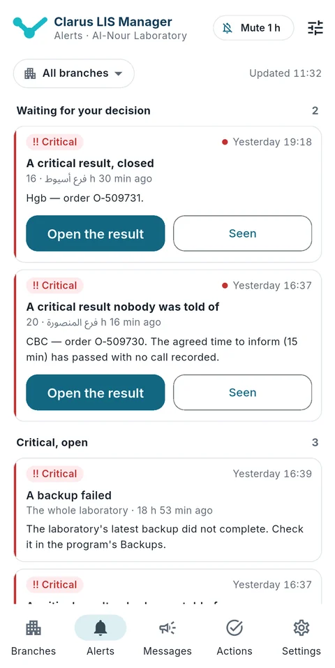 Clarus LIS Manager uyarılar ekranı