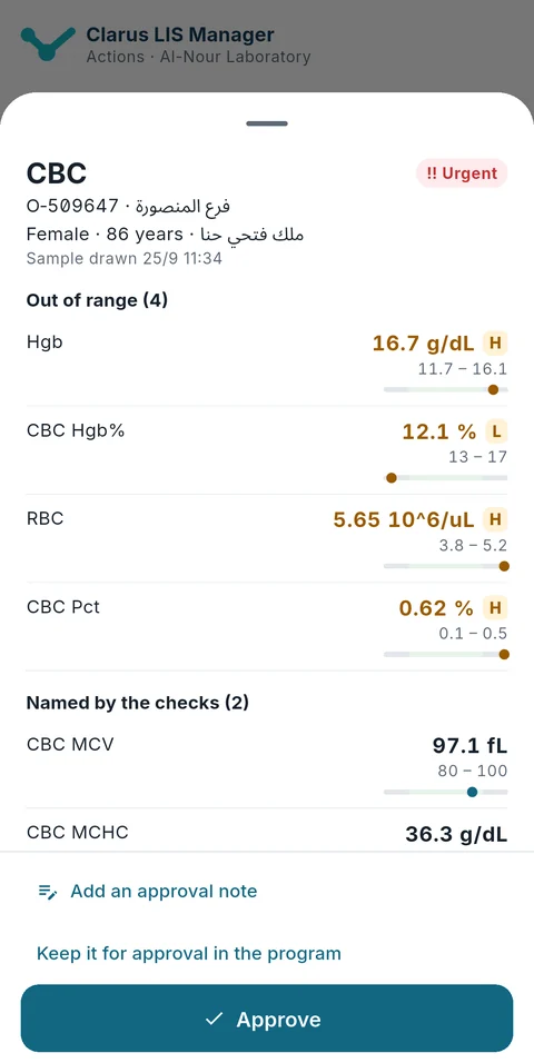 Clarus LIS Manager’da bir tam kan sayımını onaylama penceresi, aralık dışı değerlerle