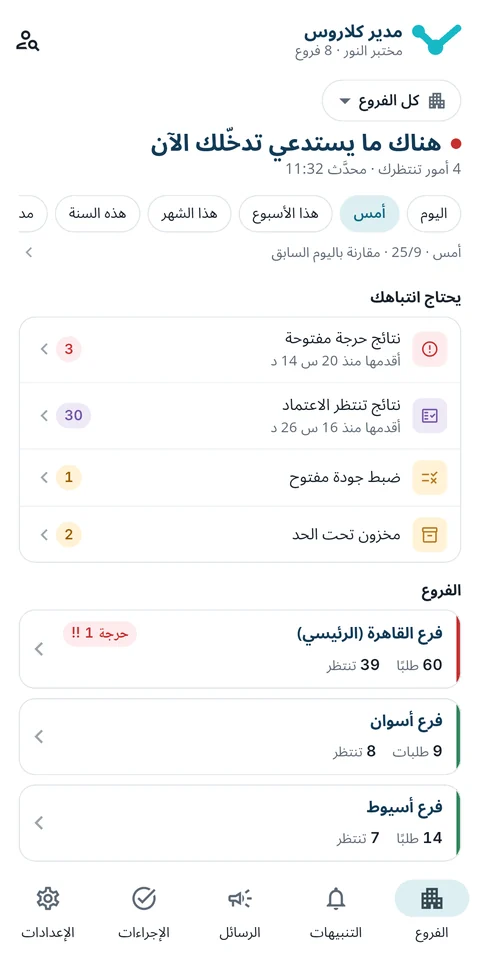 شاشة الفروع في مدير كلاروس: ما يحتاج انتباهك وأرقام كل فرع